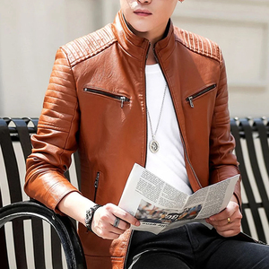 2026 Men's Casual Brown Canvas <b>Leather</b> Streetwear <b>Jacket</b> New Fashionable Winter Stand Collar Zip-Up <b>Long</b> Sleeve Front Design - Product Image 6