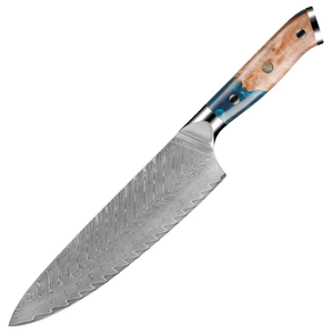 Couteau de chef en acier Damas 8-9,9 pouces, forgé à la main, style japonais, manche en bois de résine, finition satinée, couteau de cuisine, fabricant OEM - Product Image 1