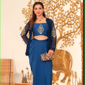 Conjunto Fusion de Falda Drapeada Bordada a Mano Blue Lagoon - Product Image 1