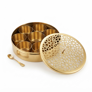 Decorative Brass Masala <b>Container</b> with Hexagon Design Lid | Multi Compartment Indian Spice Box for Home Décor and Culinary Use - Product Image 1