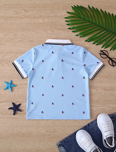 Light Blue Printed Short Sleeve Polo Shirt with Navy Trim for Kids Casual Eco-Friendly Breathable School Uniform Look - Product Image 3