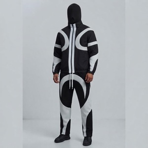 Wholesale Custom Black White Hooded 100% Nylon Windbreaker Tracksuit Set Men's Lightweight Jacket Matching Pants Color Block - Product Image 1