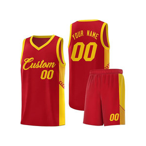 Ensemble de maillots de basket personnalisés rouge et jaune, col en V, sans manches, en mesh respirant, unisexe, pour adultes, impression sublimée - Product Image 1