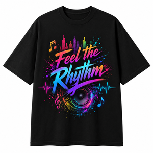 Camiseta Negra para Hombre con Estampado Musical Feel Rhythm, Manga Larga, Cuello Redondo, Corte Holgado, Informal, 100% Algodón Jersey Transpirable, Logotipo Frontal, 180g - Product Image 2