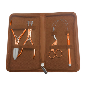 Kit d'outils pour extensions de cheveux TEEJAY en acier, 4 pièces, pinces bleues, ciseaux, aiguille à crochet, avec étui à fermeture éclair en PU marron pour usage domestique - Product Image 5