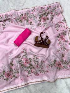 Sari en soie imprimé, sari fantaisie à fleurs, sari en soie douce de créateur, sari floral fait main, sari en soie tabby - Product Image 1