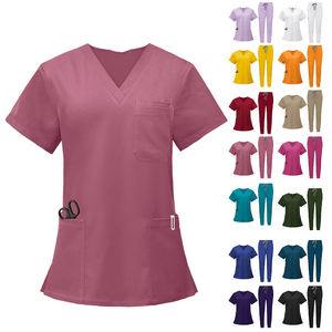 Blouse médicale unisexe à col en V et manches courtes, uniforme d'infirmière, tenue de travail hospitalière, plusieurs poches, tissu tricoté en polyester, aiguille - Product Image 6