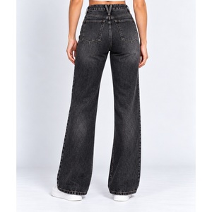 Pantalon large en jean taille haute pour femme RavTin International, avec logo, délavage vintage, poches zigzag et surpiqûres complètes - Product Image 3