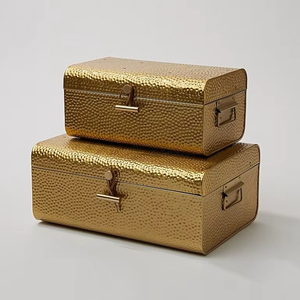 Gorgeous Set Of Two Hammered Theme <b>Metal</b> <b>Storage</b> <b>Trunks</b> Featuring Rounded Lid Designs Secure T Bar Closures & Side Drop Handles - Product Image 1