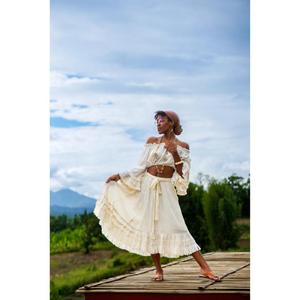 Ensemble jupe deux pièces bohème pour femme, haut court en coton à épaules dénudées et jupe midi superposée, tenue d'été - Product Image 2