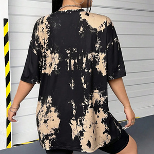 เสื้อยืดผู้หญิงโอเวอร์ไซส์ ลายมัดย้อม สีดำเบจ แขนสั้น คอกลม ทรงหลวม ผ้าเจอร์ซีย์ สำหรับฤดูใบไม้ผลิและฤดูร้อน สไตล์ลำลอง - Product Image 3