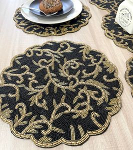 Handmade <b>Beaded</b> <b>Placemat</b>: Black & Gold Table Decor (14 inch) - Product Image 2