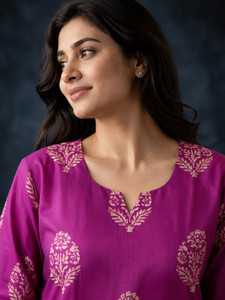 Tunique en coton imprimé violet pour femmes avec salwar à motifs floraux, coupe ample, vêtements ethniques décontractés, style Inde Pakistan - Product Image 5