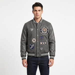 Chaqueta Varsity Gris para Hombre Dumela, Estilo Preppy, Parches Bordados, Cuello Camisero, Ropa de Invierno, Resistente al Viento, con Insignia - Product Image 3