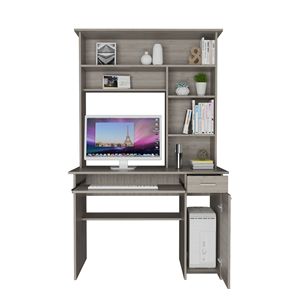 Escritorio gris claro Compu 180 Hutch con múltiples estantes Bandeja para teclado Soporte para CPU Un cajón-Escritorio para computadora - Product Image 6