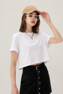 เสื้อยืดผู้หญิง OEM ผ้าฝ้ายแท้ 210 กรัม สไตล์เกาหลี แขนสั้นทรงครอป ลำลอง ทรงเข้ารูป แฟชั่นฤดูร้อน เสื้อยืดพื้นฐานขายส่งสำหรับผู้หญิง - Product Image 3