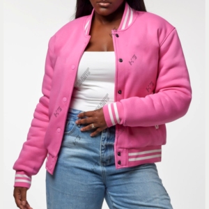 Chaqueta Varsity Corta de Forro Polar Vintage para Mujer, Transpirable, Color Rosa Perla, Estilo Béisbol con Bordado, Tejido Lavado, Cierre de Botones - Product Image 4