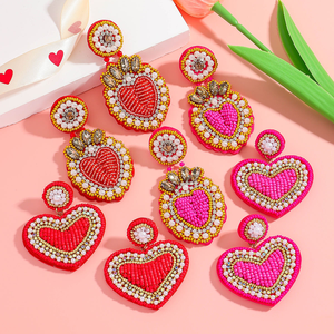 Valentine's Day <b>Pink</b> Seed Beads <b>Braided</b> Drop Earrings Female Cute Heart Shape Crystal Handmade Beaded Earrings for Women - Product Image 1