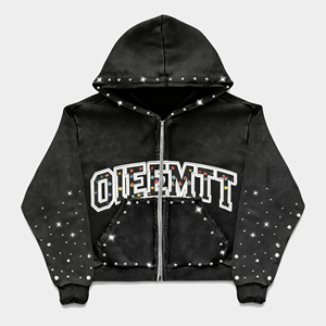 Sweat à capuche oversize court personnalisé sérigraphié, délavé à l'acide, style streetwear, 100% coton, molleton 450 GSM, fermeture éclair ornée de strass, vente en gros - Product Image 4