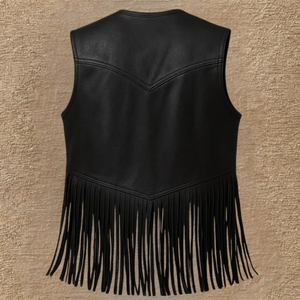 Gilet en cuir véritable noir pour femme, sans manches, style western, à franges, boutonné, veste décontractée, best-seller, mode féminine, vêtement d'extérieur pour motardes - Product Image 2