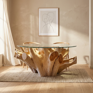 Table à manger convertible moderne Unique Zela en bois de teck naturel avec plateau en verre pour la décoration de la maison et des centres commerciaux - Product Image 5