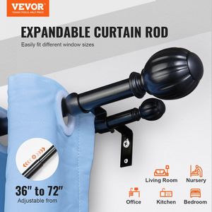 Tenda regolabile 36-72 pollici (3-6 piedi) nera a doppia asta 1 \ "3/4 \" diametro drappeggi per finestre Finials per tende oscuranti - Product Image 2