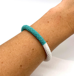 Seed Beads Stretch Charm Bracelet Two Tone Teal White Minimal Luxury Unisex 7inch Handmade Beaded <b>Bangle</b> Fashion Accessory Gift - Product Image 2