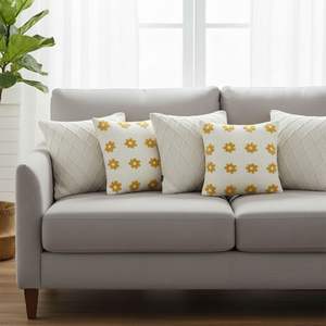 Cozy Retro Daisy Chain and <b>Cream</b> Cable Knit Diamond Pillow Cover Set 5Pc <b>Sofas</b> Decorative Cushions for Living Room - Product Image 3