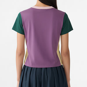 OEM/ODM Hot Selling Casual Wear Color Block Crop <b>Top</b> O-Neck T-shirt For Women 100% Cotton Jersey Summer Wear Lightweight Shirt - Product Image 3