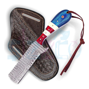 Cuchillo de caza y camping de hoja fija de acero de Damasco hecho a mano, estilo vaquero personalizado, con funda de cuero. - Product Image 2