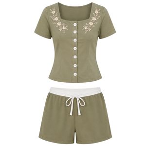 Olive Green Women Two Piece Shorts Set Square Neck Button Crop <b>Top</b> White Floral Embroidery Casual Summer Cotton Lounge Wear - Product Image 1
