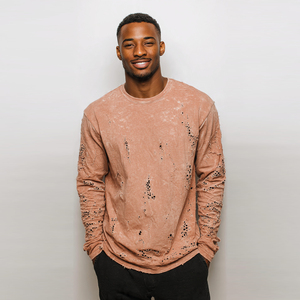 Camiseta de Gran Tamaño para Hombre, de Alta Calidad, Estilo Desgastado, Color Sólido, Algodón Ligero, Manga Larga, Corte Holgado - Product Image 5