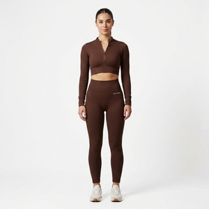 <b>Women</b> Ribbed <b>Quarter</b>-<b>Zip</b> Crop Top High Waist Full Length Leggings 2 Piece Yoga Set Solid Color Activewear Workout Wear - Product Image 4
