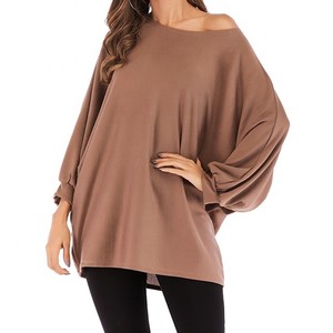 Camiseta de punto de manga larga con hombros descubiertos para mujer, talla grande, color liso, ajuste holgado, transpirable, cuello redondo, para todas las estaciones, al por mayor - Product Image 1