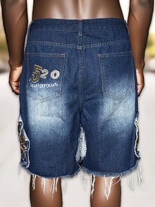 <b>Men's</b> Streetwear <b>Patch</b> Embroidery Chrome Heart Design Denim <b>Shorts</b> Knitted Breathable Windproof Mid Waist Button Fly - Product Image 5