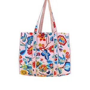 Bolso Tote Acolchado de Algodón con Estampado Tropical Turquesa, Estilo Bohemio, Bolso de Compras de Verano, Diseño Abierto - Product Image 2