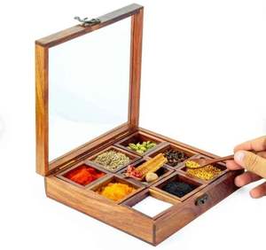 Boîte à masala pour table de cuisine avec 9 compartiments et cuillère, boîte de rangement multifonction pour épices, boîtes en bois de qualité alimentaire, faible MOQ - Product Image 4