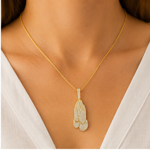Luxury Iced Jesus Praying Hands Necklace 925 Silver Yellow <b>Gold</b> Plated Brilliant Cut Lab Grown Diamond <b>Pendant</b> Religious Unisex - Product Image 2