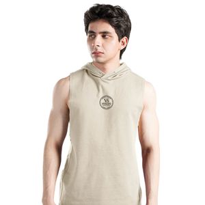 Beige Perform Hooded Tank Men's Sleeveless Gym Hoodie <b>Vest</b> Cotton Workout Training Fitness Bodybuilding <b>Stringer</b> Athletic Muscle - Product Image 2