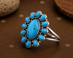 Top Selling Handmade 925 Sterling Silver Plated Blue Turquoise Floral Cluster <b>Statement</b> <b>Ring</b> Boho Vintage Opaque Gemstone - Product Image 4