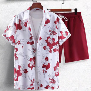 Ensemble chemise à imprimé floral et short uni pour homme, vêtements décontractés en polyester pour la plage et l'été - Product Image 1