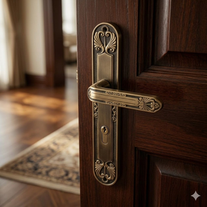 Manija de puerta decorativa Plume Regalis sobre placa |   Manija de Puerta Clásica de Latón con Orificio para Llave para Puertas Interiores y Exteriores - Product Image 4