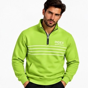 Sudadera deportiva de hombre verde lima con media cremallera, cuello alto, bolsillo a rayas, manga larga y ajuste regular - Product Image 1