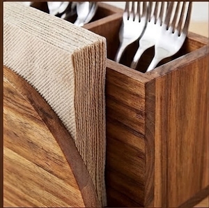 Mango Wood Eco-Friendly Utensil Holder 3 Compartment Rectangle Minimalist <b>Kitchen</b> <b>Storage</b> <b>Box</b> for Tableware with Napkin Rack - Product Image 2