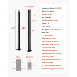 Paquete de 4 Postes de Acero Inoxidable para Barandilla de Cable, 42x1x2, con Orificios Horizontales Preperforados para Piezas de Escalera - Product Image 6