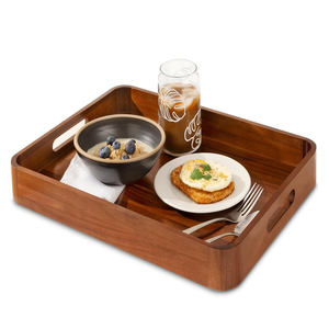 Plateau en bois d'acacia naturel avec poignées découpées pour servir des aliments, du thé, du café ou des collations, idéal pour la cuisine de chevet ou la table de vie - Product Image 6