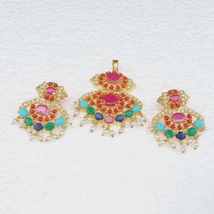 RAY FINE ORNATES Trendy Princess Cut Multi Gemstone Bridal <b>Statement</b> <b>Necklace</b> & Earrings Set Turquoise Emerald Pearl Gold Plated - Product Image 3