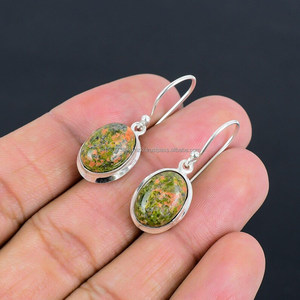 ต่างหูเงินสเตอร์ลิงทำด้วยมือ925ต่างหูที่ไม่ซ้ำกันเครื่องประดับ unakite ที่ทำด้วยมือต่างหูของขวัญสำหรับเธอ - Product Image 1