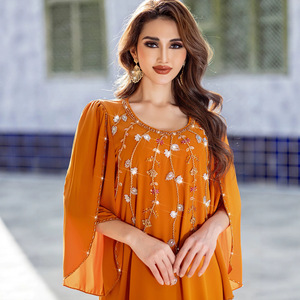 2026 Luxury modest abaya dress dubai style women muslim dress femmes robe musulmane linen abaya with beading bulk wholesale OEM - Product Image 1