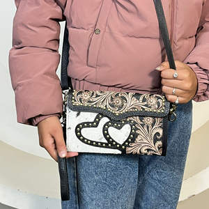 Vintage Western Style Hair On Hide Tooled Leather Shoulder <b>Crossbody</b> <b>Mini</b> <b>Bags</b> New Heart Design Artwork Clutches For Women's - Product Image 4